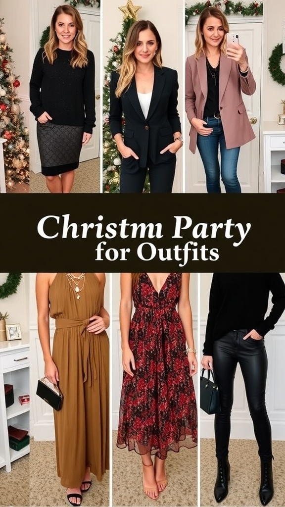 A collection of casual classy Christmas party outfits including a sweater dress, blazer and jeans, jumpsuit, midi skirt, and layered turtleneck.